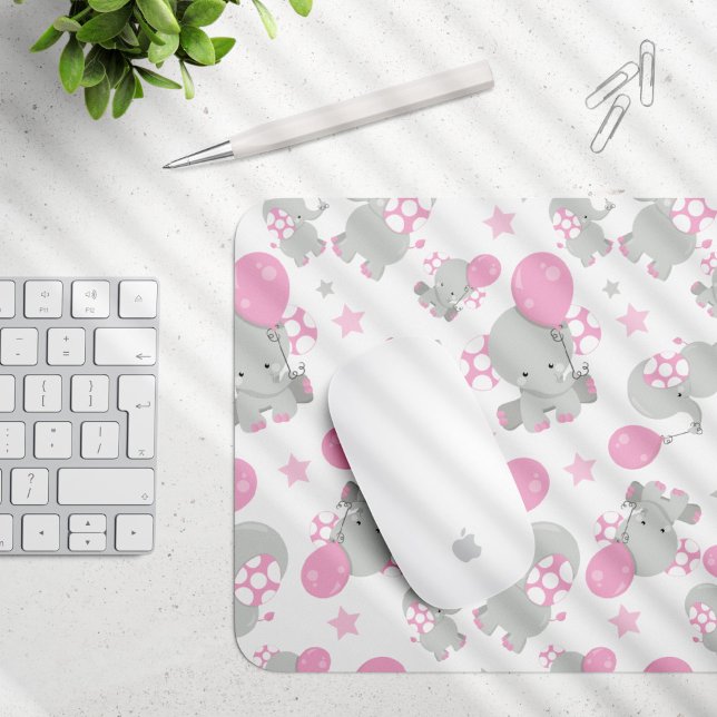 Tapis De Souris Pattern of Elephants, Cute Elephants - Pink Gray (Créateur téléchargé)