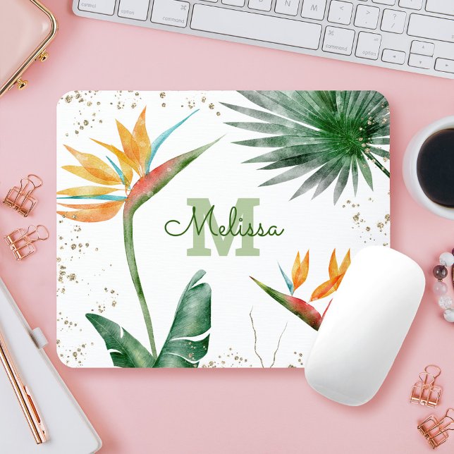 Tapis De Souris Paume de feuillage Tropical Monogramme Floral Or (Créateur téléchargé)