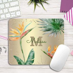 Tapis De Souris Paume Tropical Foliage Floral Monogramme Or
