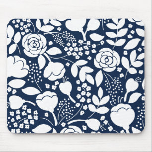 Tapis De Souris Pavé de souris bleu et blanc à motif floral marine