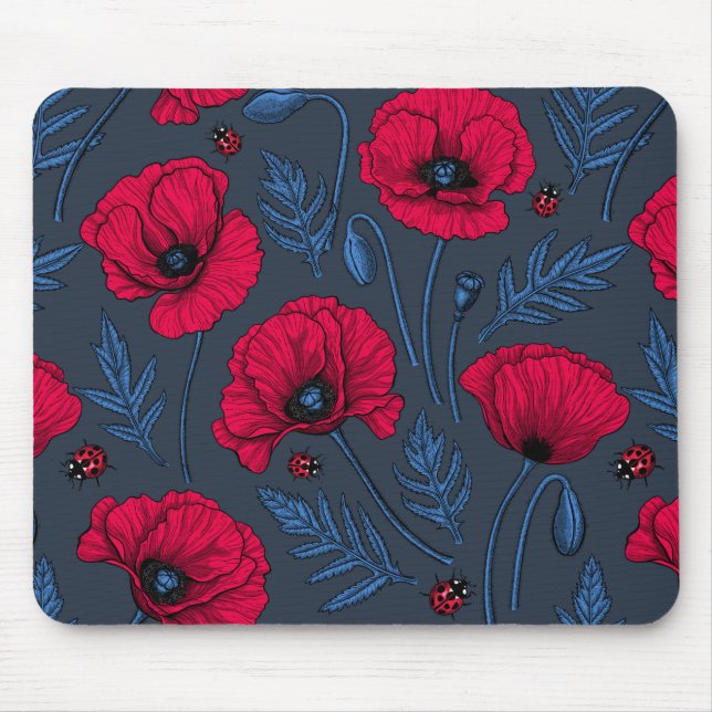 Tapis De Souris Pavot rouge et coccinelle bleu foncé (Devant)