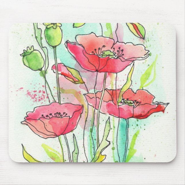 Tapis De Souris Pavots peints d'aquarelle (Devant)