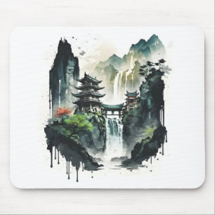 Tapis De Souris Paysage antique de l'encre chinoise avec cascade