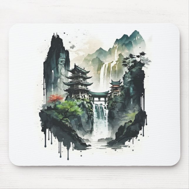 Tapis De Souris Paysage antique de l'encre chinoise avec cascade (Devant)