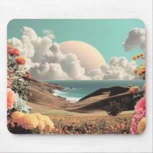 Tapis De Souris Paysage côtier surréaliste avec fleurs et nuages