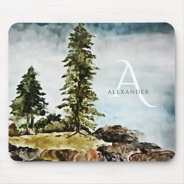 Tapis De Souris Paysage d'aquarelle du lac Tahoe monogramme (Devant)