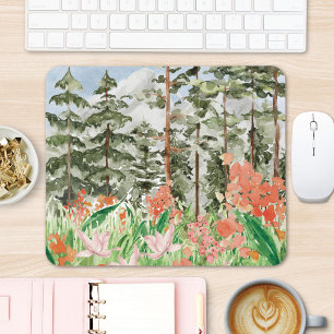 Tapis De Souris Paysage de montagne de prairie florale à l'aquarel