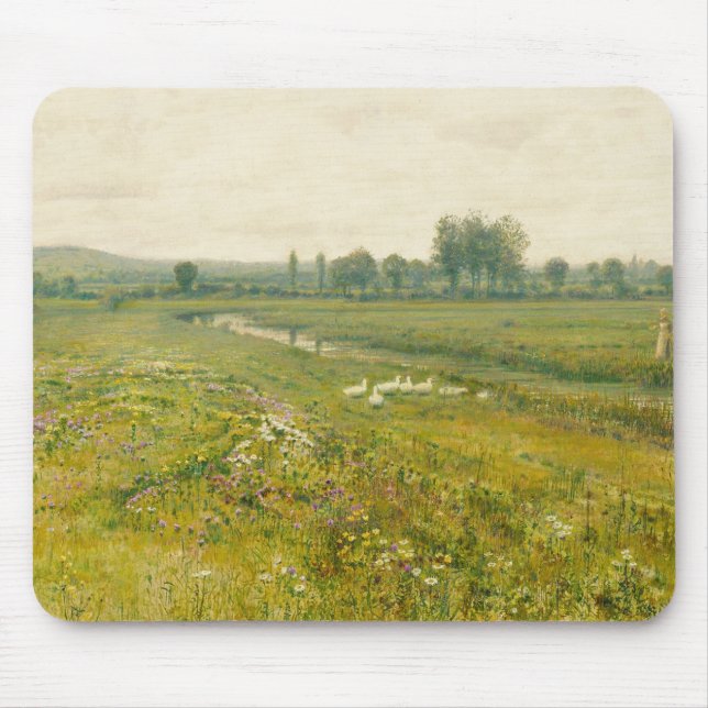 Tapis De Souris Paysage de prairie étendu avec oies (Devant)