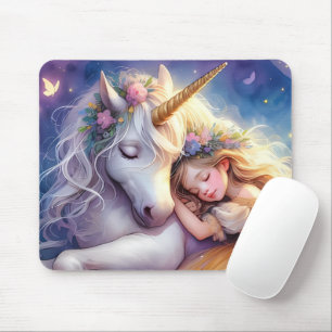 Tapis De Souris Paysage de rêve de licorne de fille endormie