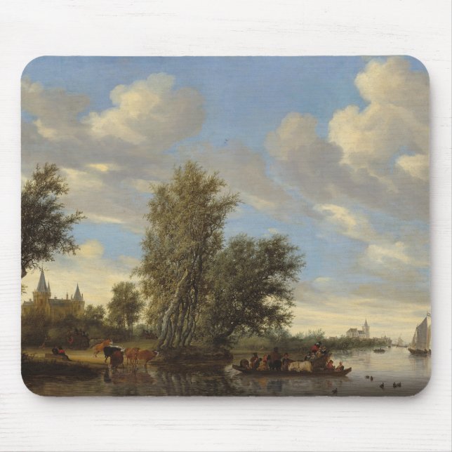 Tapis De Souris Paysage de rivière avec le ferry, 1649 (huile sur (Devant)