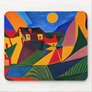 Tapis De Souris Paysage de village abstrait coloré