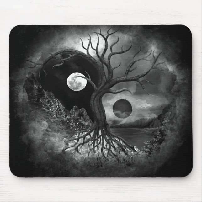 Tapis De Souris Paysage de Yin Yang Tree noir et blanc (Devant)