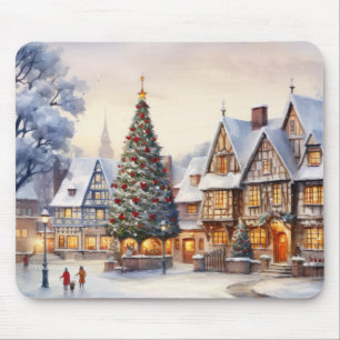 Tapis De Souris Paysage d'hiver à l'aquarelle Village de Noël