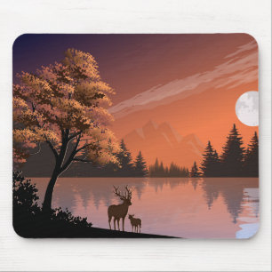 Tapis De Souris Paysage du lever du soleil avec lac et Deers-51207