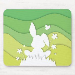Tapis De Souris Paysage du printemps, lapin de pâques sur l'herbe