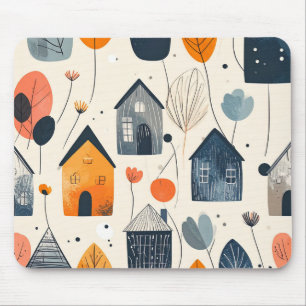 Tapis De Souris Paysage graphique avec maisons et fleurs