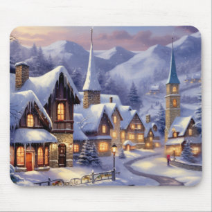 Tapis De Souris Paysage hivernal à l'aquarelle Village de Noël
