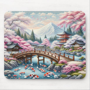 Tapis De Souris Paysage japonais avec Pont, Koi et Sakura