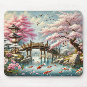 Tapis De Souris Paysage japonais avec Pont, Koi et Sakura