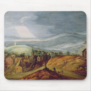 Tapis De Souris Paysage rural avec un pèlerin se mettant à genou
