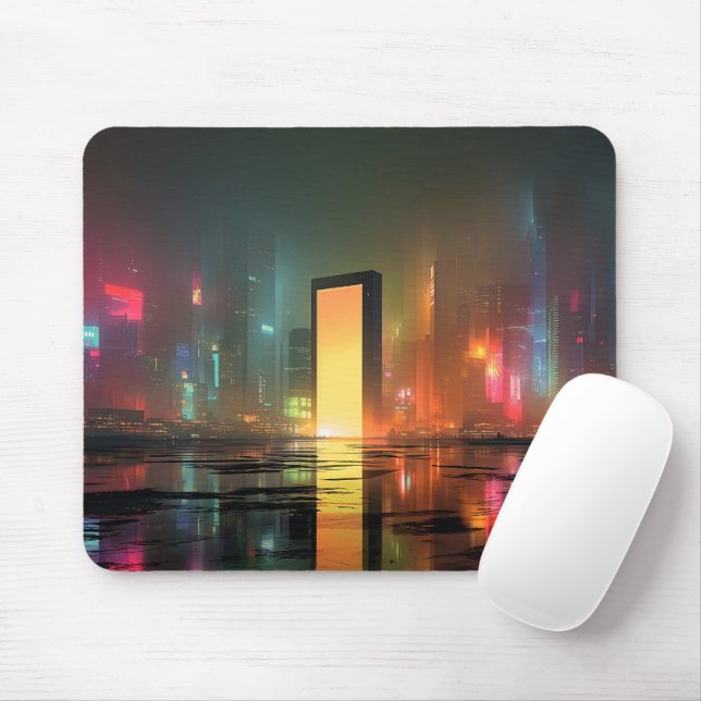 Tapis De Souris Paysage urbain futuriste avec reflets néon (Avec souris)