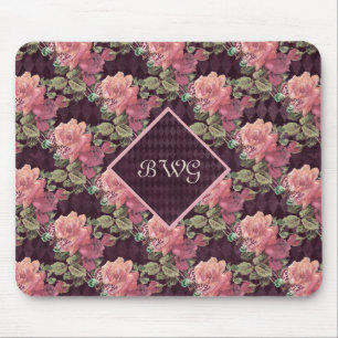 Tapis De Souris Peach Flowers on Purple Diamonds Monogramme