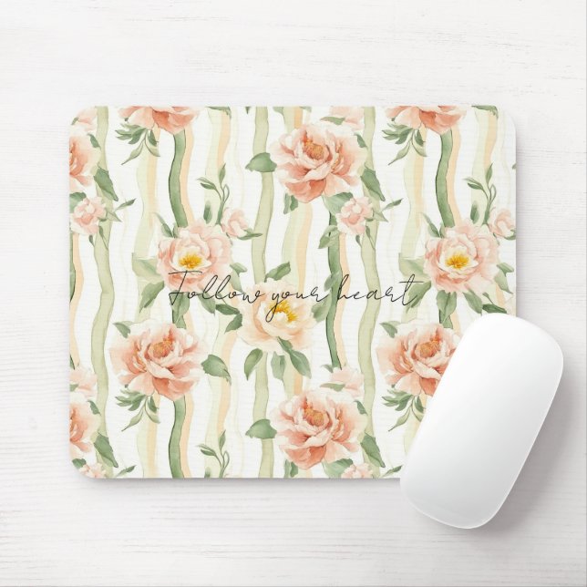 Tapis De Souris Peach Mint Pretty Roses Floral Stripes (Avec souris)