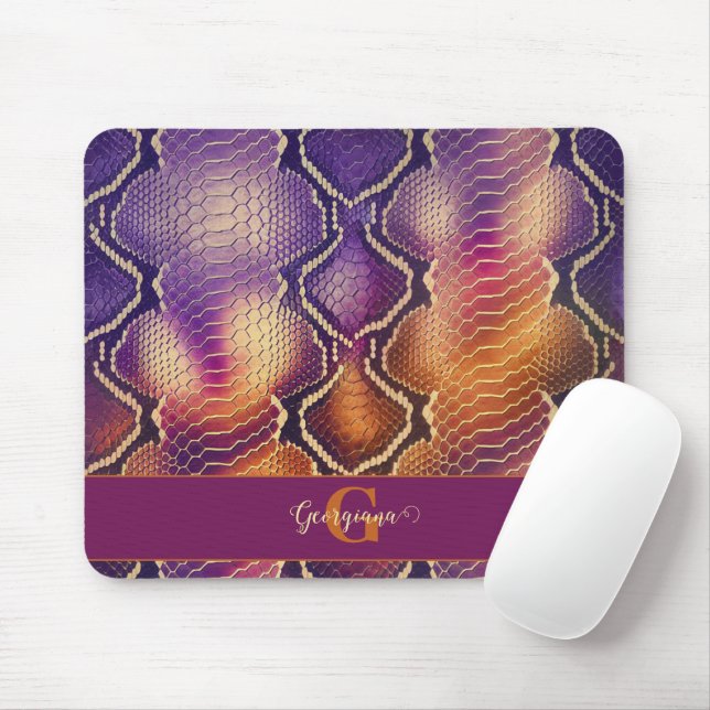 Tapis De Souris Peau de serpent chatoyante en violet et or monogra (Avec souris)