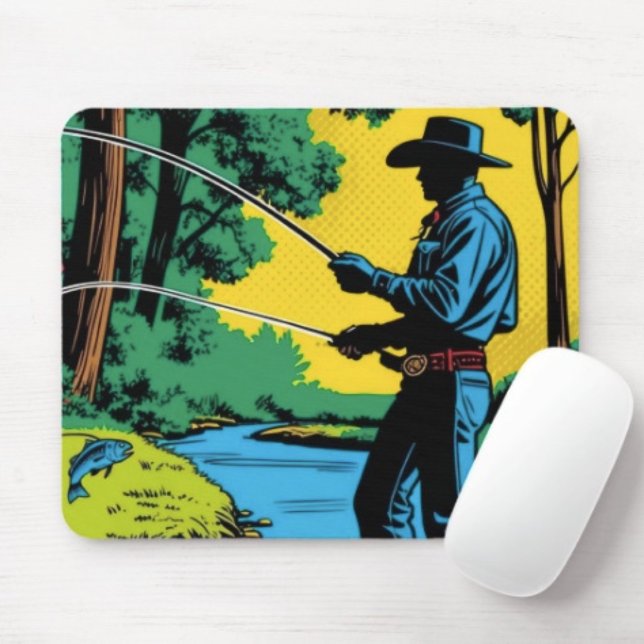 Tapis De Souris Pêcheur sur la berge  (Retro Cowboy Fishing Riverside Scene mouse pad durable dust and stain resistant.. Non-slip rubber.
)