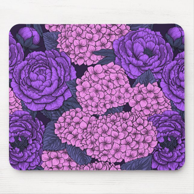 Tapis De Souris Peine et hydrangée en rose et violet (Devant)