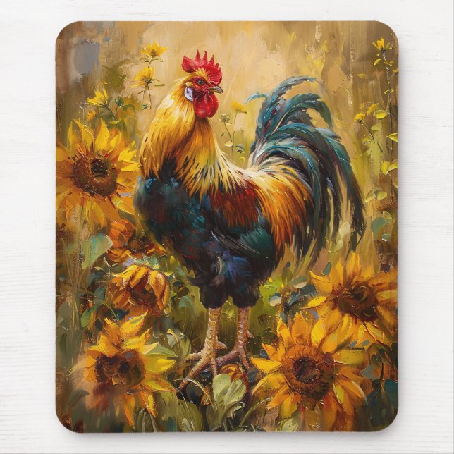 Tapis De Souris Peinture à l'huile de coq et de tournesol (Devant)