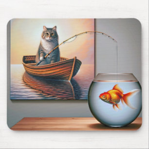 Tapis De Souris Peinture de pêche au chat avec poisson rouge