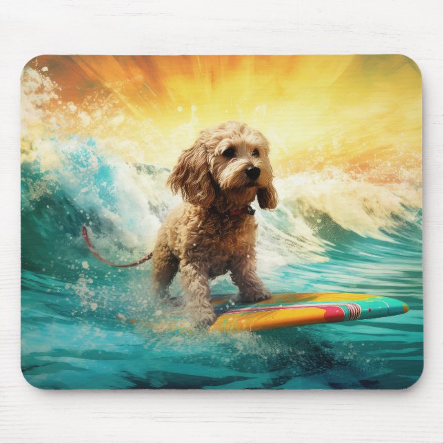 Tapis De Souris Peinture de surf sur la plage de Cockapoo (Devant)