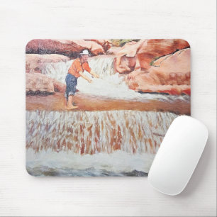 Tapis De Souris Peinture du pêcheur dans la cascade