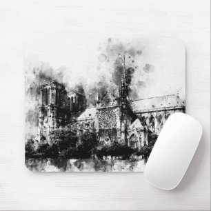 Tapis De Souris Peinture noire et blanche de la cathédrale Notre-D