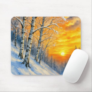 Tapis De Souris Peintures à l'aquarelle de bouleaux en hiver 