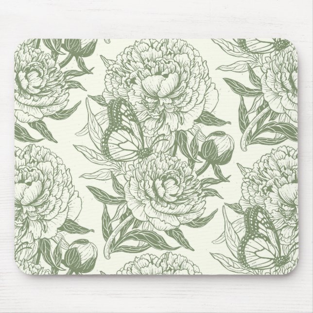 Tapis De Souris Peoné et papillons bloc impression, sauge vert et (Devant)