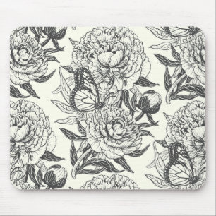 Tapis De Souris Peonies et papillons bloquent l'impression, noir e