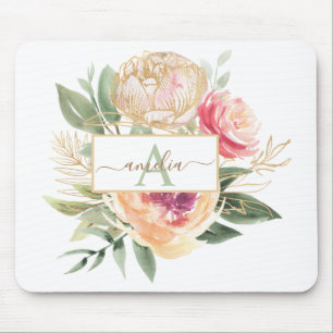 Tapis De Souris Peony and Gold Flowers Nom du monogramme