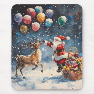 Tapis De Souris Père Noël aquarelle festive Renne Ballon coloré