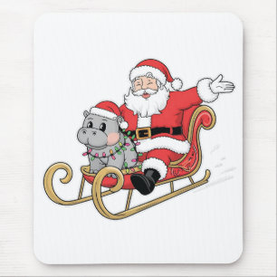 Tapis De Souris Père Noël Riding Sleigh avec Moo Deng Baby Hippo