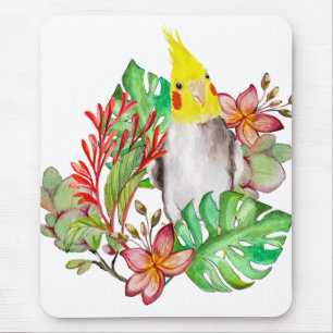 Tapis De Souris Perroquet de Corella mignonne en plantes tropicaux