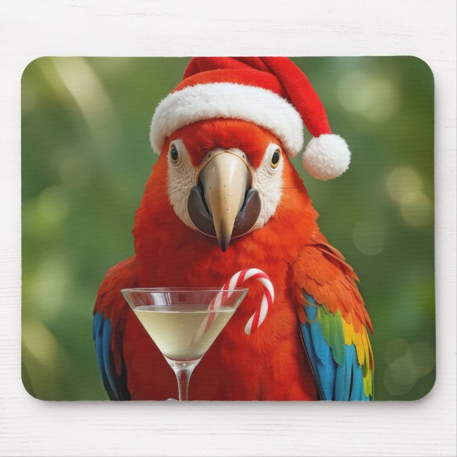 Tapis De Souris Perroquet de Noël tenant un cocktail (Devant)