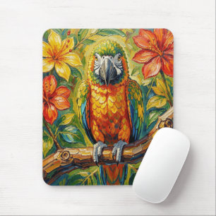 Tapis De Souris Perroquet et fleur tropicale d'impasto coloré