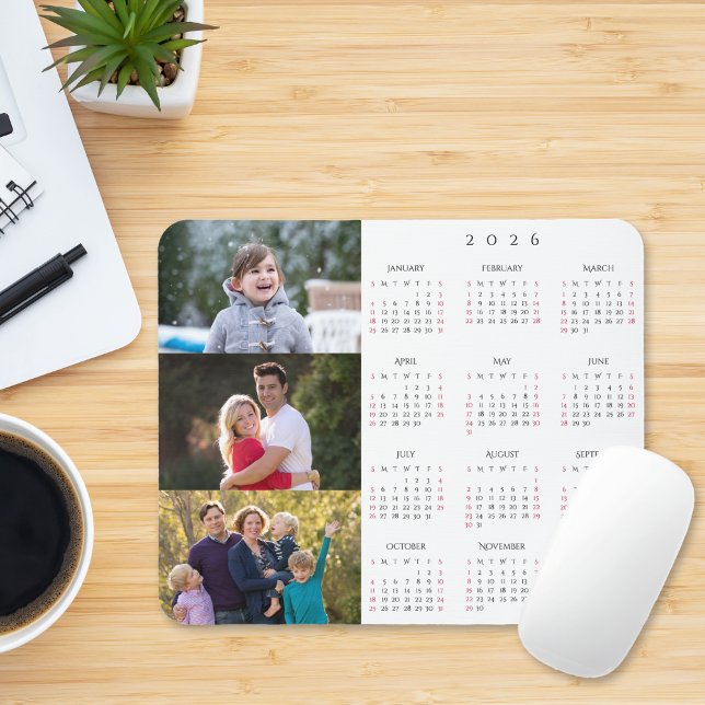 Tapis De Souris Personalized 3 Photo Collage Family 2026 Calendar (Personalized 3 Photo Collage Family 2026 Calendar Mouse Pad)