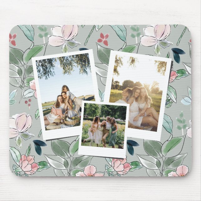 Tapis De Souris Personalized 3 Photo Green Floral Background  (Devant)