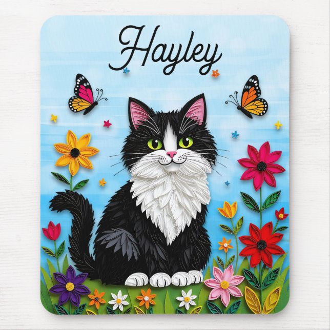 Tapis De Souris Personalized Cat, Flowers and Butterflies   (Devant)