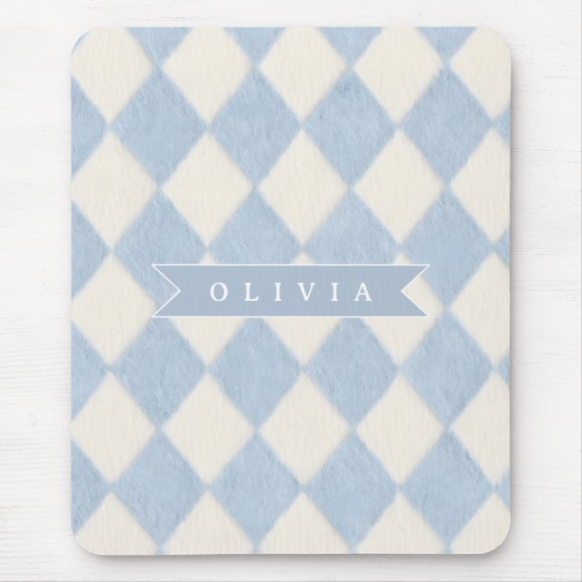 Tapis De Souris Personalized Preppy Soft Blue Fuzzy Argyle Name (Devant)