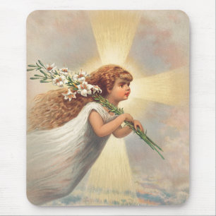 Tapis De Souris Petit ange bébé tenant des lis