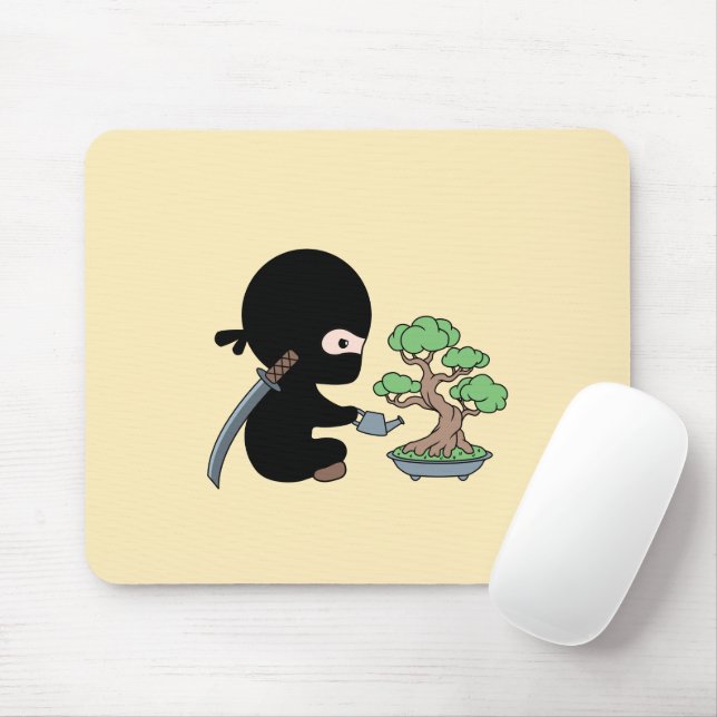 Tapis De Souris Petit bonsaï d'arrosage Ninja sur jaune (Avec souris)